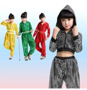 Gold black patchwork boys kid children girls school play fashion stage performance hip hop jazz cos play singer dance costumes outfits